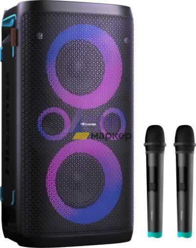 Аудио система Hisense Party Rocker One Plus (HP110) Bluetooth Speaker with 300W Power, Built-in Woofer, Karaoke Mode, Built-in Wireless Charging Pad, AUX Input and Output, USB, 15 Hour Long-Lasting Battery 4 x 2500Ah, 2x mics included