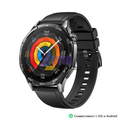 Часовник Huawei Watch GT5 Vili-B19F, 1.43", Amoled 466x466 PPI 326, BT5.2 BLE/BR/EDR, 5ATM, 524mAh, Screenshot sharing, support message input, message notifications, Battery life up to 14 days, Compatible with iOS and Android devices, Black Fluoroelastome