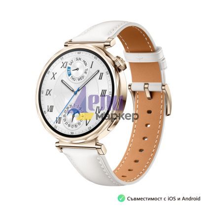 Часовник Huawei Watch GT5 Jana-B19L, 1.32", Amoled 466x466 PPI 352, , BT5.2 BLE/BR/EDR, 5ATM, 524mAh, Screenshot sharing, support message input, message notifications, Battery life up to 7 days, Compatible with iOS and Android devices, White Leather