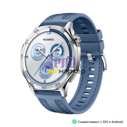 Часовник Huawei Watch GT5  Vili-B19W, 1.43", Amoled 466x466 PPI 326, BT5.2 BLE/BR/EDR, 5ATM, 524mAh, Screenshot sharing, support message input, message notifications, Battery life up to 14 days, Compatible with iOS and Android devices, Blue Woven