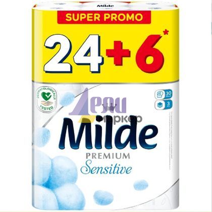 Тоалетна хартия Milde 100% целулоза, трипластова 24+6 бр. Sensitive