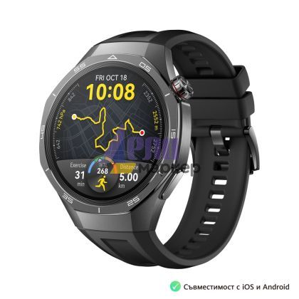 Часовник Huawei Watch GT5 Pro Vili-B29F, 1.43", Amoled, 466x466, PPI 326, BT5.2, BLE/BR/EDR, 524mAh, 40-meter free diving, HUAWEI TruSense System, ECG analysis, Battery life up to 14 days, Compatible with iOS and Android devices, Black Fluoroelastomer