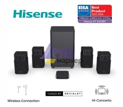 Аудио система Hisense HT Saturn, 4.1.2Ch Sound Bar with Wireless Subwoofer, 720W, Dolby Atmos, Tuned by Devialet , DTS:X,Quad Satellite Speakers , Black
