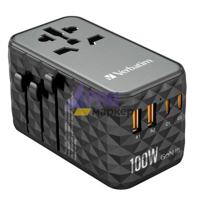 Адаптер Verbatim UTA-06 GaN III Universal Travel Adapter with 2 x USB-C PD 100W & QC 4+ / 2 x USB-A QC 3.0