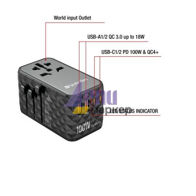 Адаптер Verbatim UTA-06 GaN III Universal Travel Adapter with 2 x USB-C PD 100W & QC 4+ / 2 x USB-A QC 3.0