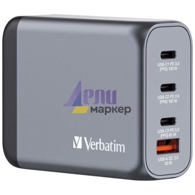 Зарядно устройство Verbatim GNC-100 GaN Charger 4 Port 100W USB A/C (EU/UK/US)