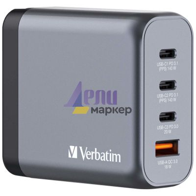 Зарядно устройство Verbatim GNC-140 GaN Charger 4 Port 140W USB A/C (EU/UK/US)