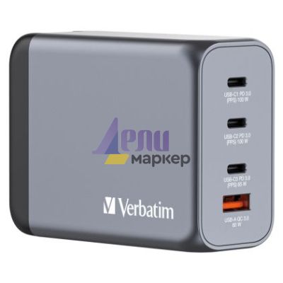 Зарядно устройство Verbatim GNC-200 GaN Charger 4 Port 200W USB A/C (EU/UK/US)