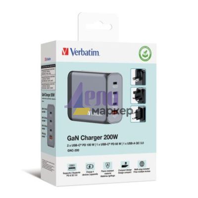 Зарядно устройство Verbatim GNC-200 GaN Charger 4 Port 200W USB A/C (EU/UK/US)