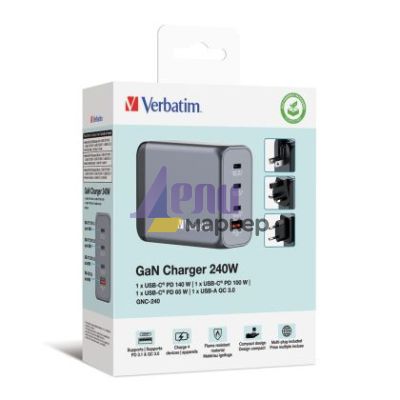 Зарядно устройство Verbatim GNC-240 GaN Charger 4 Port 240W USB A/C (EU/UK/US)