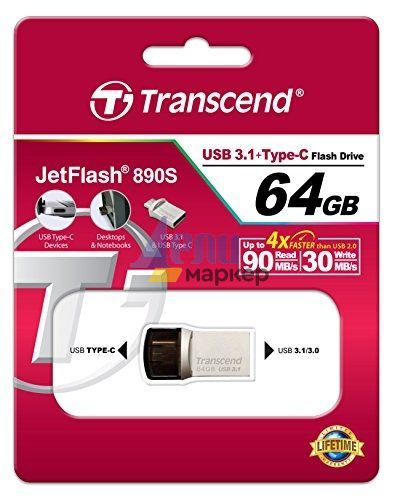 Памет Transcend 64GB JETFLASH 890S, USB 3.1 Type C, Silver Plating