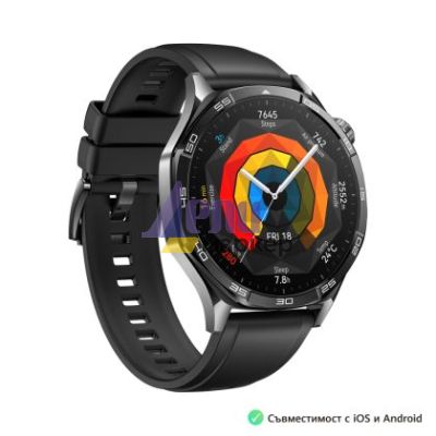 Часовник Huawei Watch GT5 Vili-B19F, 1.43", Amoled 466x466 PPI 326, BT5.2 BLE/BR/EDR, 5ATM, 524mAh, Screenshot sharing, support message input, message notifications, Battery life up to 14 days, Compatible with iOS and Android devices, Black Fluoroelastome