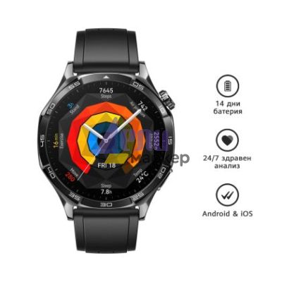 Часовник Huawei Watch GT5 Vili-B19F, 1.43", Amoled 466x466 PPI 326, BT5.2 BLE/BR/EDR, 5ATM, 524mAh, Screenshot sharing, support message input, message notifications, Battery life up to 14 days, Compatible with iOS and Android devices, Black Fluoroelastome