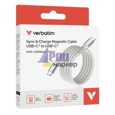 Кабел Verbatim Sync & Charge USB-C to USB-C 60W Magnetic 120 cm - Grey