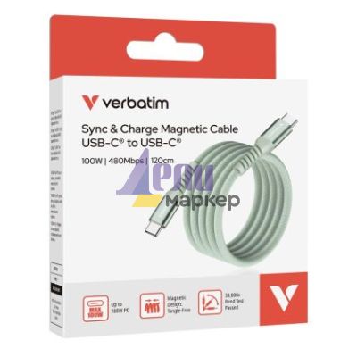 Кабел Verbatim Sync & Charge USB-C to USB-C 100W Magnetic 120 cm - Green