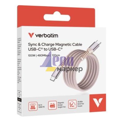 Кабел Verbatim Sync & Charge USB-C to USB-C 100W Magnetic 120 cm - Pink