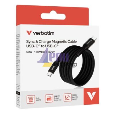 Кабел Verbatim Sync & Charge USB-C to USB-C 60W Magnetic 120 cm - Black