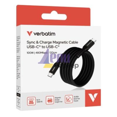 Кабел Verbatim Sync & Charge USB-C to USB-C 100W Magnetic 120 cm - Black