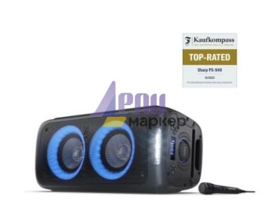 Тонколони Sharp Speakers PS-949, XPARTY STREET BEAT  2 x 8" woofers + horn tweeter, max power output 132 W, 12 h play time by built in battery, True wireless Stereo, USB Music playback and charging, DJ FX, BT 5.0, 2 x Mic/Guitar inputs, Splashproof (IPX4)