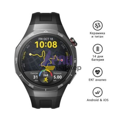 Часовник Huawei Watch GT5 Pro Vili-B29F, 1.43", Amoled, 466x466, PPI 326, BT5.2, BLE/BR/EDR, 524mAh, 40-meter free diving, HUAWEI TruSense System, ECG analysis, Battery life up to 14 days, Compatible with iOS and Android devices, Black Fluoroelastomer