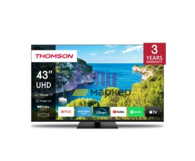 Телевизор Thomson Smart UHD TV 43"; Google TV; 3840 x 2160 (4K UHD), 4000:1, DLED, 60 Hz, DVB-T/T2/C/S/S2, HDR10, Wi-Fi, Bluetooth, LAN, HDMI 2 (2.0) + 2 (2.1), USB 2 (2.0) + 1 (3.0),Central Swivel Stand, Black