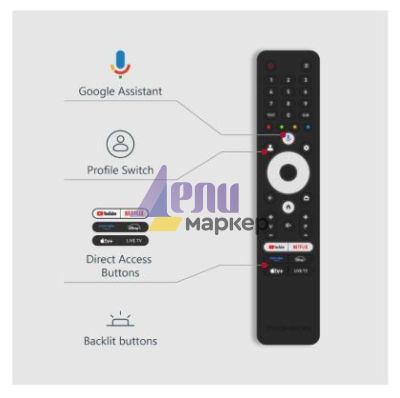 Телевизор Thomson Smart UHD TV 65"; Google TV; 3840 x 2160 (4K UHD), 4000:1, DLED, 60 Hz, DVB-T/T2/C/S/S2, HDR10, Wi-Fi, Bluetooth, LAN, HDMI 2 (2.0) + 2 (2.1), USB 2 (2.0) + 1 (3.0),Central Swivel Stand, Black