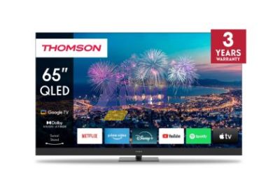 Телевизор Thomson Smart QLED Plus TV 65"; Google TV; 3840 x 2160 (4K UHD), QLED, 4000:1, 60 Hz, DVB-T/T2/C/S/S2, HDR10, Wi-Fi, Bluetooth, LAN, HDMI 2 (2.0) + 2 (2.1), USB 2 (2.0) + 1 (3.0),Built-in Front Speakers, Central Swivel Stand, Black