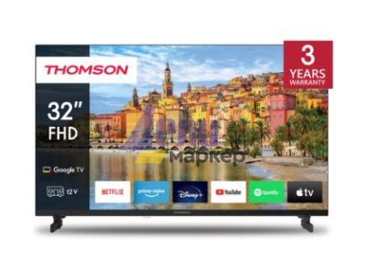 Телевизор Thomson Smart FHD TV 32"; Google TV; 1920 x 1080 (FHD), DLED, 60 Hz, DVB-T/T2/C/S/S2, Wi-Fi, Bluetooth, LAN, HDMI 3 (1.4), USB 2 (2.0), 12 Volt adapter included, Side Feet, Black