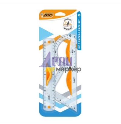 Комплект чертожни инструменти BiC Три части, Пластмасови гъвкави, Прозрачни