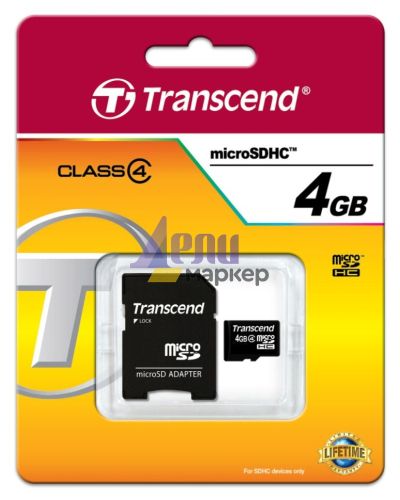 Памет Transcend 4GB micro SDHC (with adapter, Class 4)