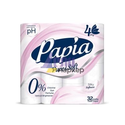 Тоалетна хартия Papia Pure Soft 100% целулоза, четирипластова 32 бр. Бяла