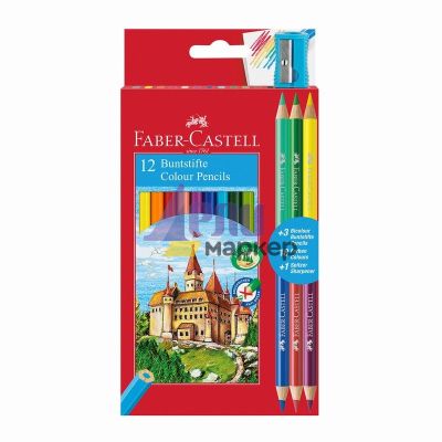 Цветни моливи Faber-Castell Castle Шестоъгълни, 12 + 6 цвята, подарък острилка